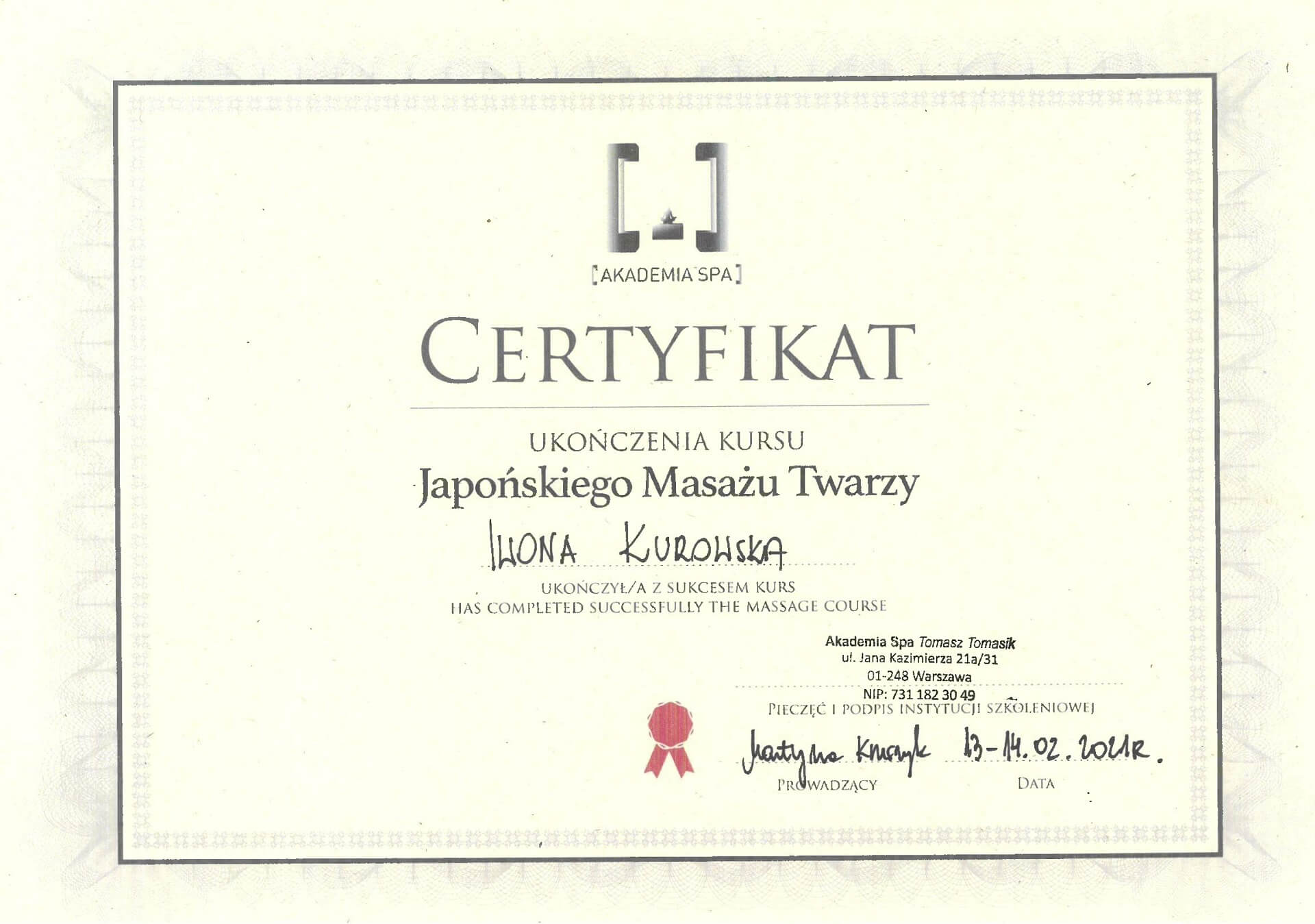 Certyfikat 2_Iwona Kurowska Kudowskie SPA