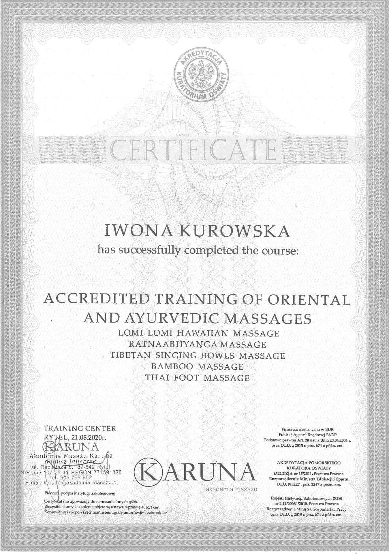Certyfikat_Iwona Kurowska Kudowskie SPA