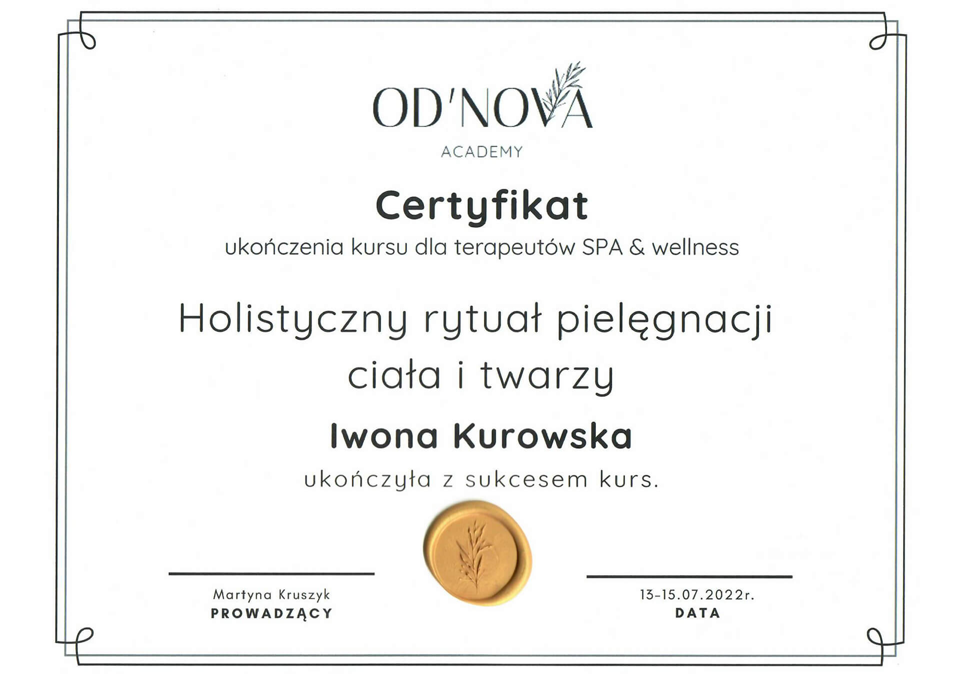 Certyfikat 5_Iwona Kurowska Kudowskie SPA